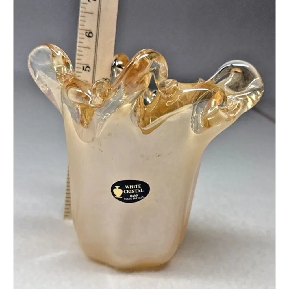 Murano Style Italian Art Glass Vase White Crystal Handmade Ruffled Edge